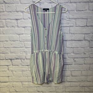 LULUS FOREVER ADVENTURE LILAC PURPLE MULTI STRIPED DRAWSTRING COTTON ROMPER XL